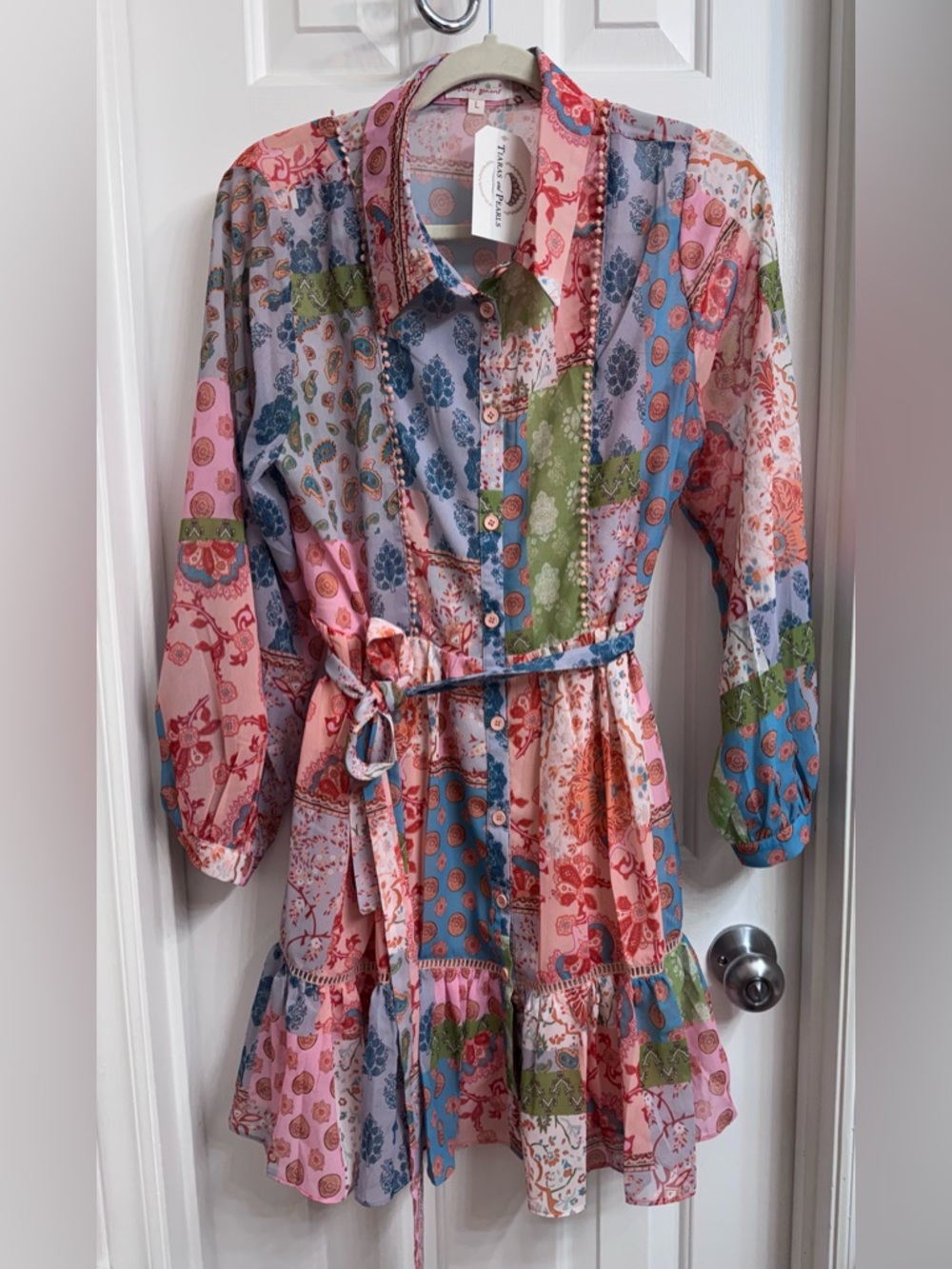 Patchwork Floral Tie-Waist Long Sleeve Dress - Multicolor
